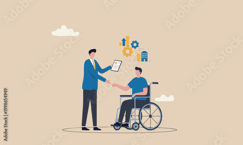 Diversity, job and career opportunity for disability people concept, HR officer offering job for new disabled candidate on the wheelchair be permanent employee