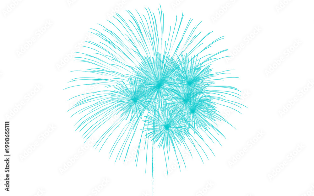 Obraz premium Cyan blue firework burst illustration, vibrant pyrotechnic explosion on white background, festive celebration firework display for holiday events