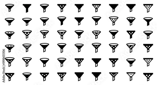 40 Funnel icons, black and white, vector graphics, business and marketing symbols, illustration set