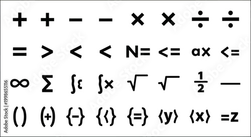 Mathematical symbols, equations, and formulas, vector set, black icons, white background, educational illustrations, algebra, calculus, geometry, math signs, symbols collection