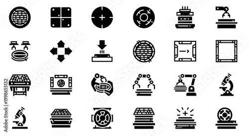 Science, laboratory, icons, 25 black and white vector symbols, educational illustrations, chemistry, biology, physics, scientific research, medical, lab equipment