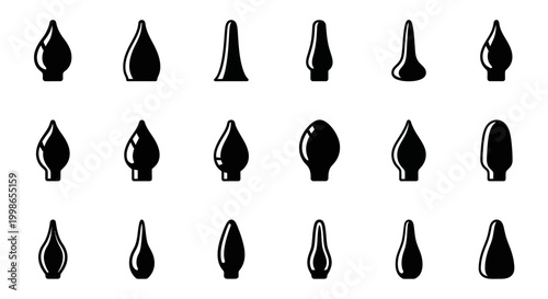 Black oil drop icons, droplet symbols, liquid shapes, vector set