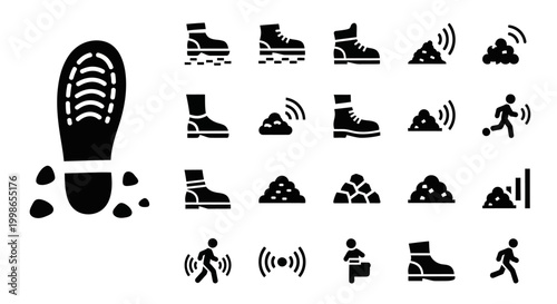 Running, fitness, and hiking icon set, 20 black vector symbols