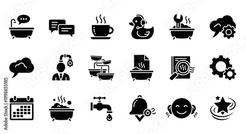Black coffee icons, vector coffee symbols, cafe signs, restaurant graphics, 20 coffee shop illustrations