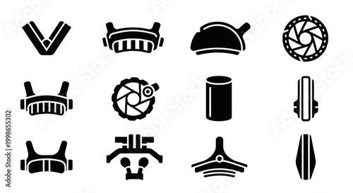 Industrial, mechanical, gear icons, 10 black vector symbols, industrial equipment, machinery parts, technical signs