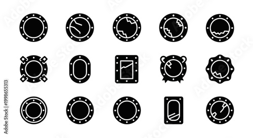 Black and white gear icons, industrial symbols, mechanical signs, 13 vector graphics