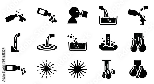Black, vector chemistry lab icons, science symbols, laboratory equipment, 16 black and white illustrations