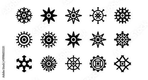 Black gear icons, mechanical symbols, industrial logos, 16 wheel graphics