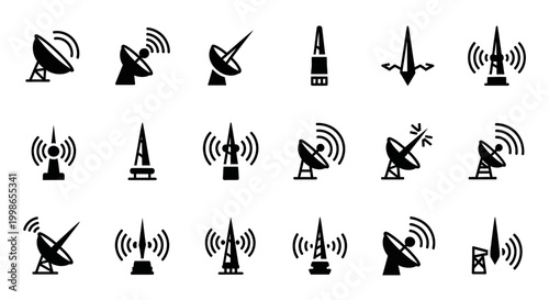 Antenna icons, wireless communication symbols, signal transmitter logos, black vector graphics