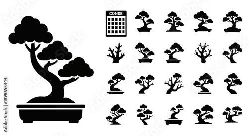 Bonsai Tree Silhouette Icons, Black Bonsai Trees, Bonsai Plant Symbols, Vector Bonsai Illustrations
