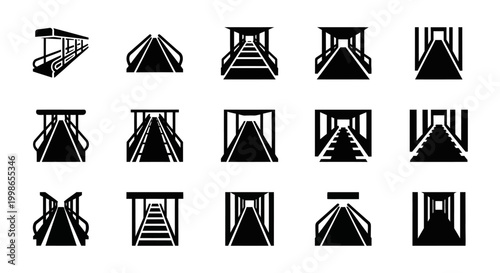 Black and white stairs, staircase icons, vector graphics, 16 symbol set