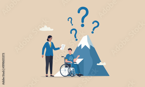 Diversity boulder uphill mountain peak for disability people concept, HR officer offering job for new disabled candidate on the wheelchair be permanent employee