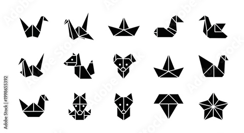 Origami animal icons, black vector set, paper folding designs, wildlife symbols