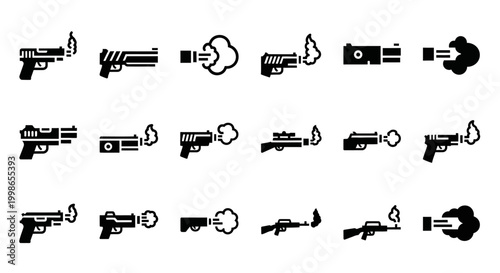 Gun, pistol, firearm, icon set, 20 black vector graphics, weapons, silhouettes, crime, security, law enforcement