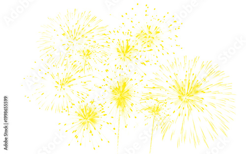 Schilderij op canvas Golden yellow fireworks explosion on white background, festive pyrotechnic displ
