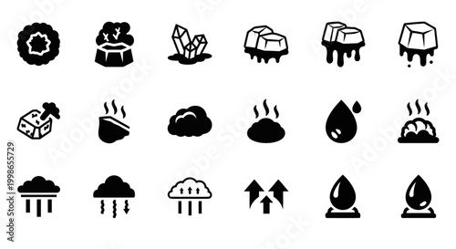 Weather icons, climate symbols, rain and storm graphics, black vector set