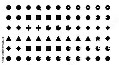 Geometric shapes, icons, symbols, black and white vector graphics, 40 icons set