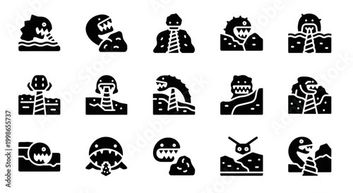 Black skeleton icons, monster set, creepy symbols, evil characters