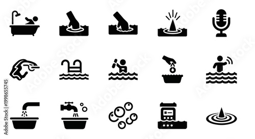 Black icons set, 16 water, bathroom, and swimming vector graphics, symbols for design