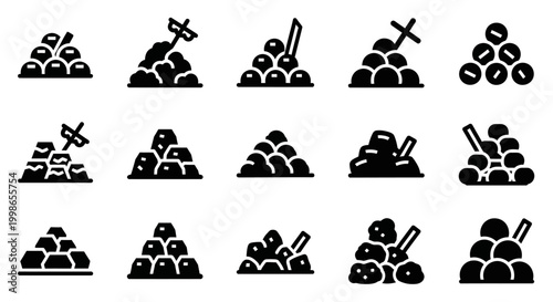 Mining icons, coal mining symbols, black vector icons, industrial signs, excavation logos