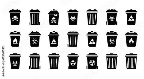 Trash Can Icons, Recycling Symbols, Waste Management, Vector Graphics