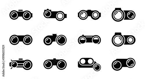 Binocular icons, black and white vector set, 12 camera views, optics symbols, illustration collection