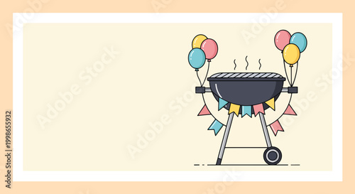 Barbecue grill with colorful balloons and flags for festive gatherings. Barbecue grill features playful decorations, including vibrant balloons and cheerful flags.