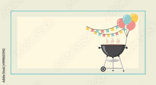Barbecue celebration with grill and colorful balloons for Independence Day. Festive decoration includes banners and balloons, symbolizing joy and unity on Independence Day.
