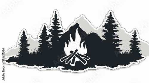 Campfire silhouette amidst mountains and trees outdoor adventure concept