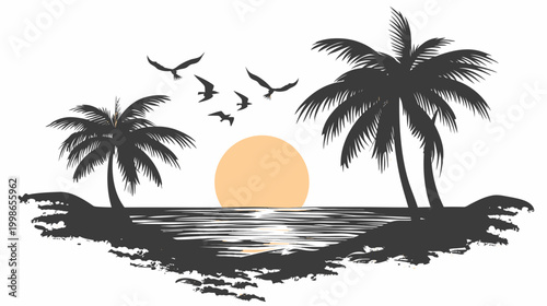Silhouette of palm trees and sunset over ocean against white background
