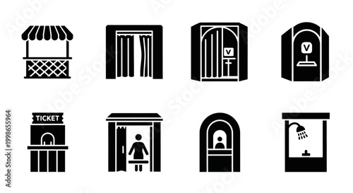 Black and white, 8pcs, ticket booth, entrance icons set, vector