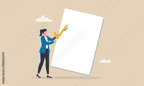 Self assessment, evaluate yourself for personal development or work improvement concept, woman giving check on checkbox in achievement list notepad paper.