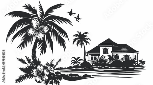Black and white tropical island illustration of palm trees and house