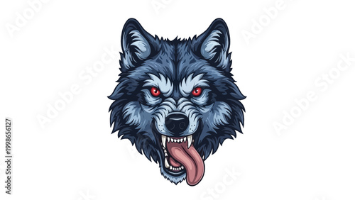 Intense illustration of a wolf face with red eyes and fangs bared