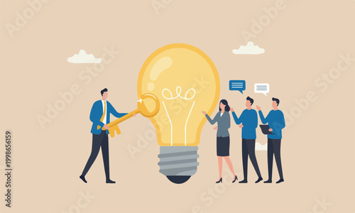 Unlock businessman holding golden key about to insert into key hold on lightbulb idea lamp