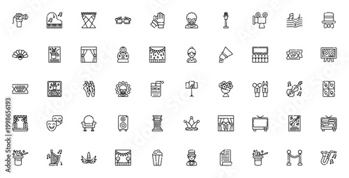 Show icon set. Vector illustration pack featuring microphone, piano, spotlight, theater, magic, clown, ticket, dancer, violin, and more entertainment symbols. Editable thin line icons.