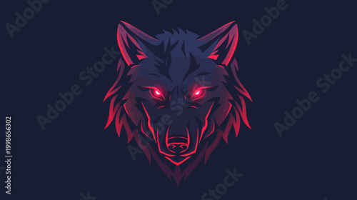 Stylized wolf head illustration with glowing red eyes against a dark background