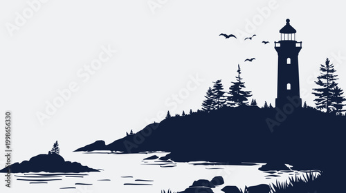 Silhouette of lighthouse on hill with trees and sea against a light sky