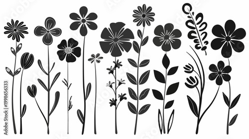 Black and white floral arrangement illustration isolated on white background