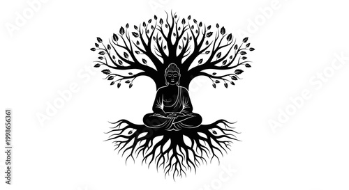 Meditating buddha silhouette beneath a tree symbolizing enlightenment