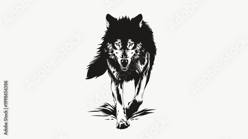 Bold black and white illustration of a wolf walking forward on a plain background