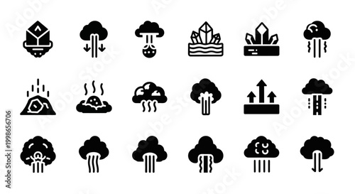 Weather icons, rain symbols, stormy forecast graphics, black vector set