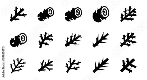 Black Coral Reef Icons, Vector Sea Fan Silhouettes, Ocean Element Set, 15 Marine Life Symbols