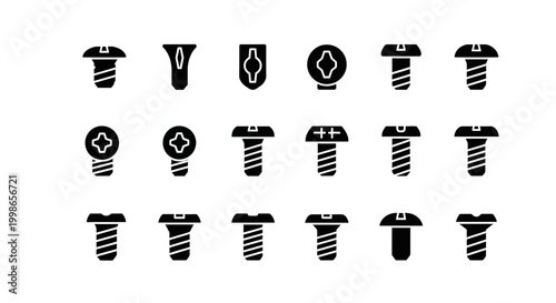 Screw icons, black screwdrivers, fastener symbols, 16 bolt illustrations, flathead Phillips, vector set