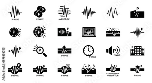 Audio waveform, sound wave, music icons, 25 black vector graphics, sound effects, audio signals, multimedia symbols