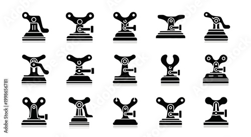 Industrial robotic arm icons, robotic arms, industrial robots, automation symbols, black and white vector graphics