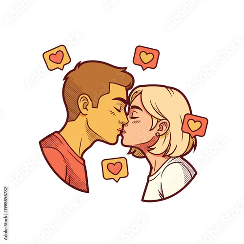 A cartoon illustration of a man and a woman kissing with heart notification icons floating around them.