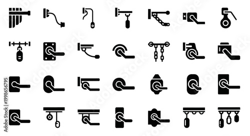 Black and white plumbing icons set, 25 pipe and shower symbols, vector graphics