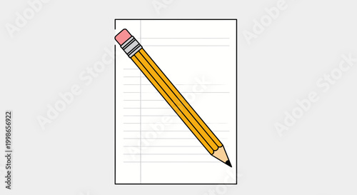 Minimalist vector art: A single, perfectly sharpened pencil with a distinct eraser, placed diagonally across a blank sheet of lined paper. Focus on essential elements and negative space.