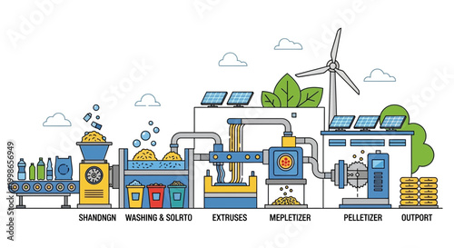  Simplified geometric shapes illustrate machines processing plastic waste, transforming it into raw materials, with a focus on efficiency and clean energy feel.